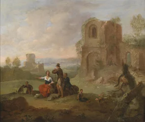 Ruinenlandschaft mit rastenden Wanderern